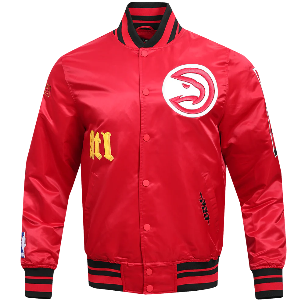NBA ATLANTA HAWKS OLD ENGLISH MEN'S RIB SATIN JACKET (RED/BLACK)