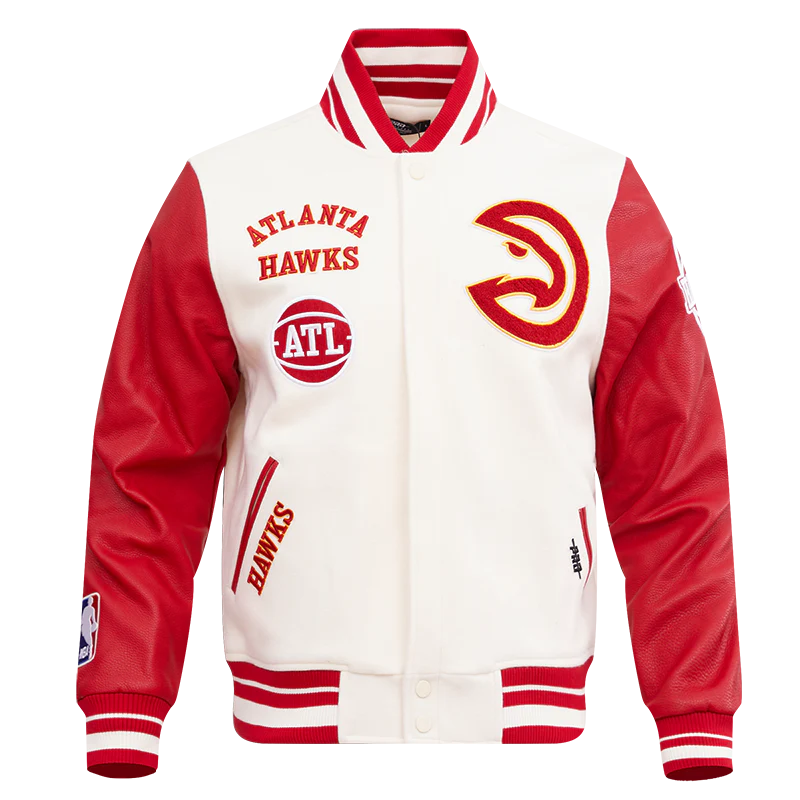 NBA ATLANTA HAWKS RETRO CLASSIC MEN'S RIB WOOL VARSITY JACKET (EGGSHELL/ RED)