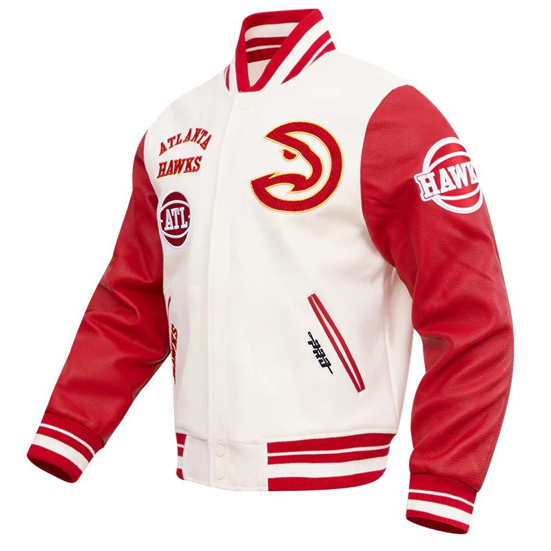 NBA ATLANTA HAWKS RETRO CLASSIC MEN'S RIB WOOL VARSITY JACKET (EGGSHELL/ RED) - Image 2