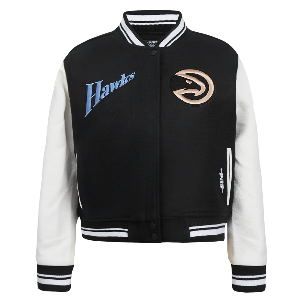 NBA ATLANTA HAWKS CITY EDITION 24-25 WOMEN'S RIB WOOL VARSITY JACKET (BLACK/WHITE)