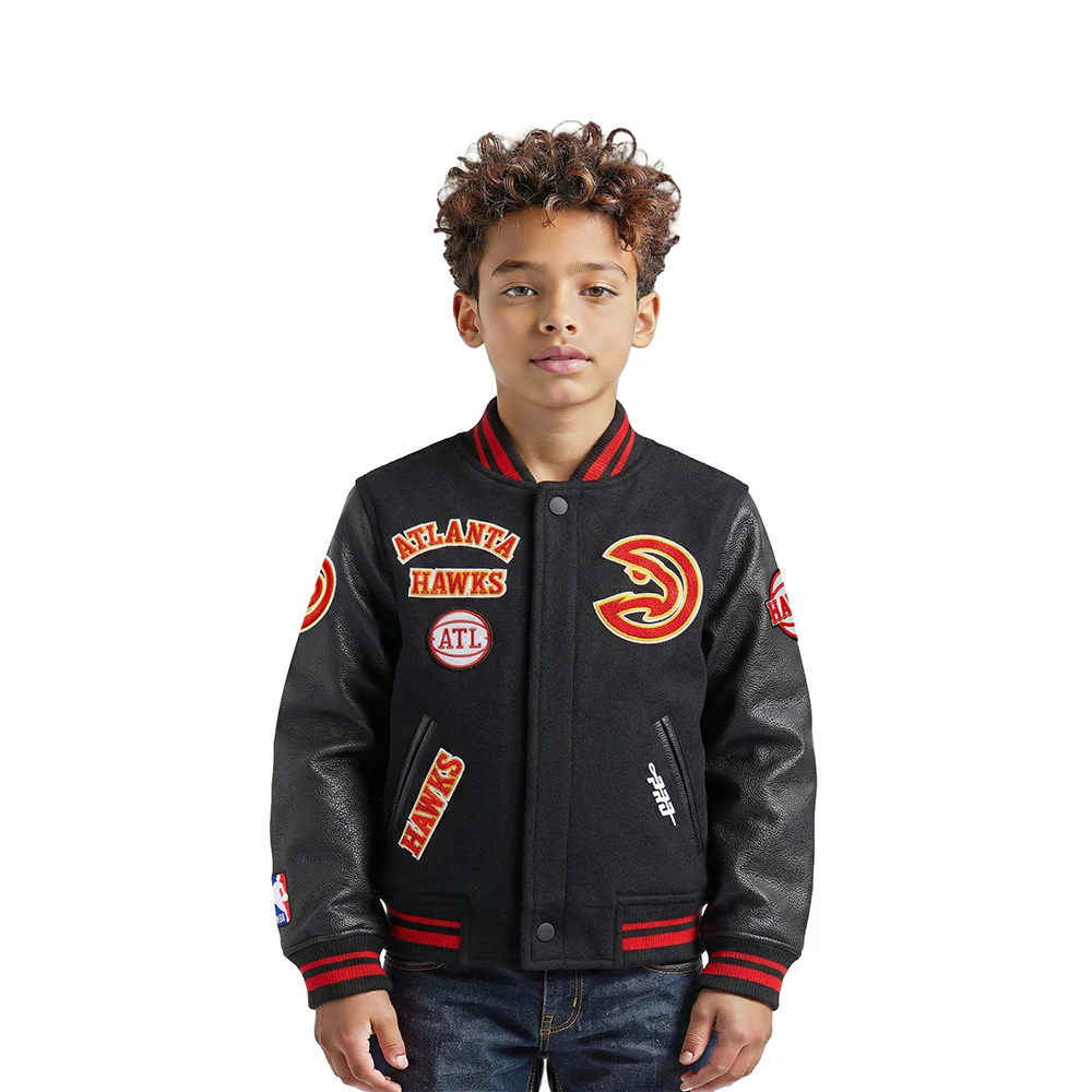 NBA ATLANTA HAWKS RETRO CLASSIC LITTLE BOYS RIB WOOL VARSITY JACKET (BLACK/RED/BLACK)