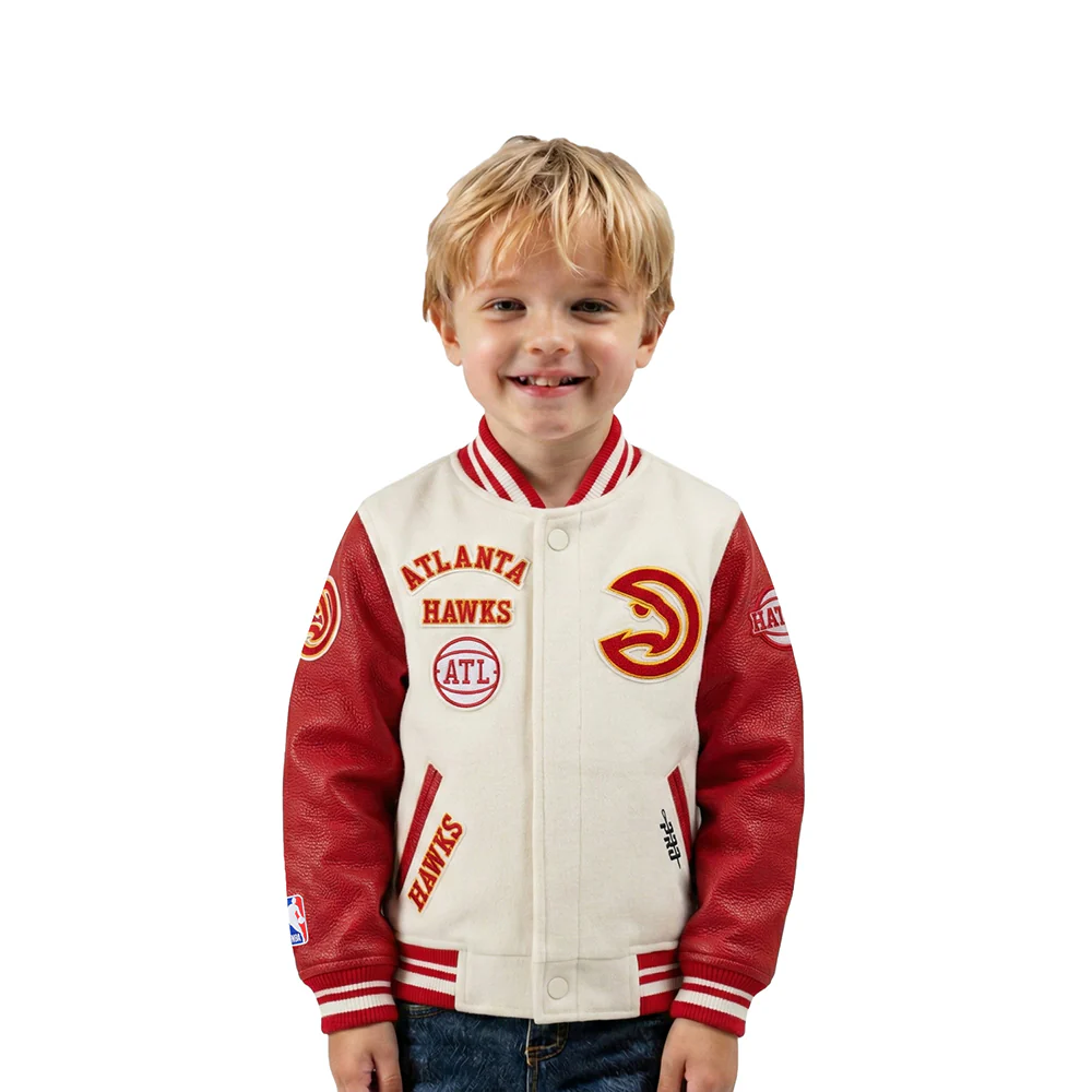 NBA ATLANTA HAWKS RETRO CLASSIC TODDLER BOYS RIB WOOL VARSITY JACKET (EGGSHELL/ RED)