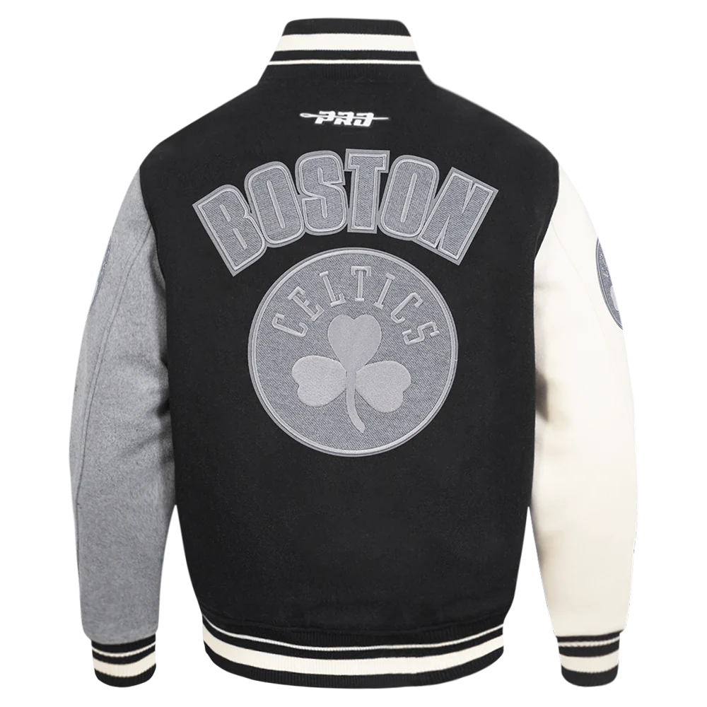 NBA BOSTON CELTICS REVERSE FRENCH TERRY MEN'S COLOR BLOCK WOOL VARSITY JACKET (BLACK/GRAY/EGGSHELL) - Image 3
