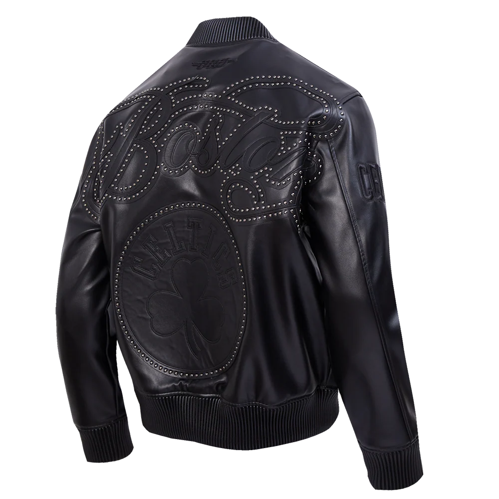 NBA BOSTON CELTICS BLACKOUT MEN'S LEATHER VARSITY JACKET (JET BLACK) - Image 4