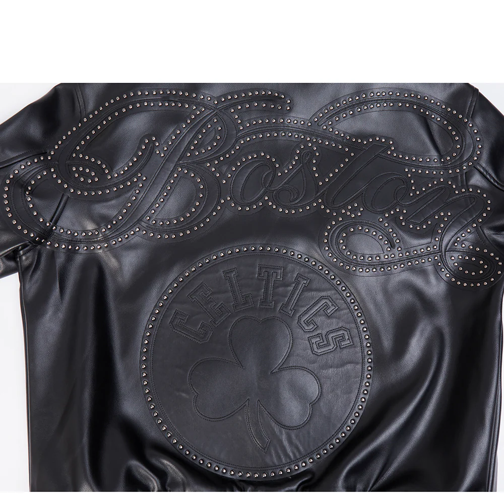 NBA BOSTON CELTICS BLACKOUT MEN'S LEATHER VARSITY JACKET (JET BLACK) - Image 5