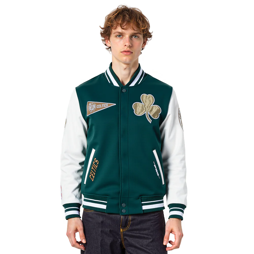 NBA BOSTON CELTICS CITY EDITION 25-26 MEN'S RIB WOOL VARSITY JACKET (FOREST GREEN/WHITE)
