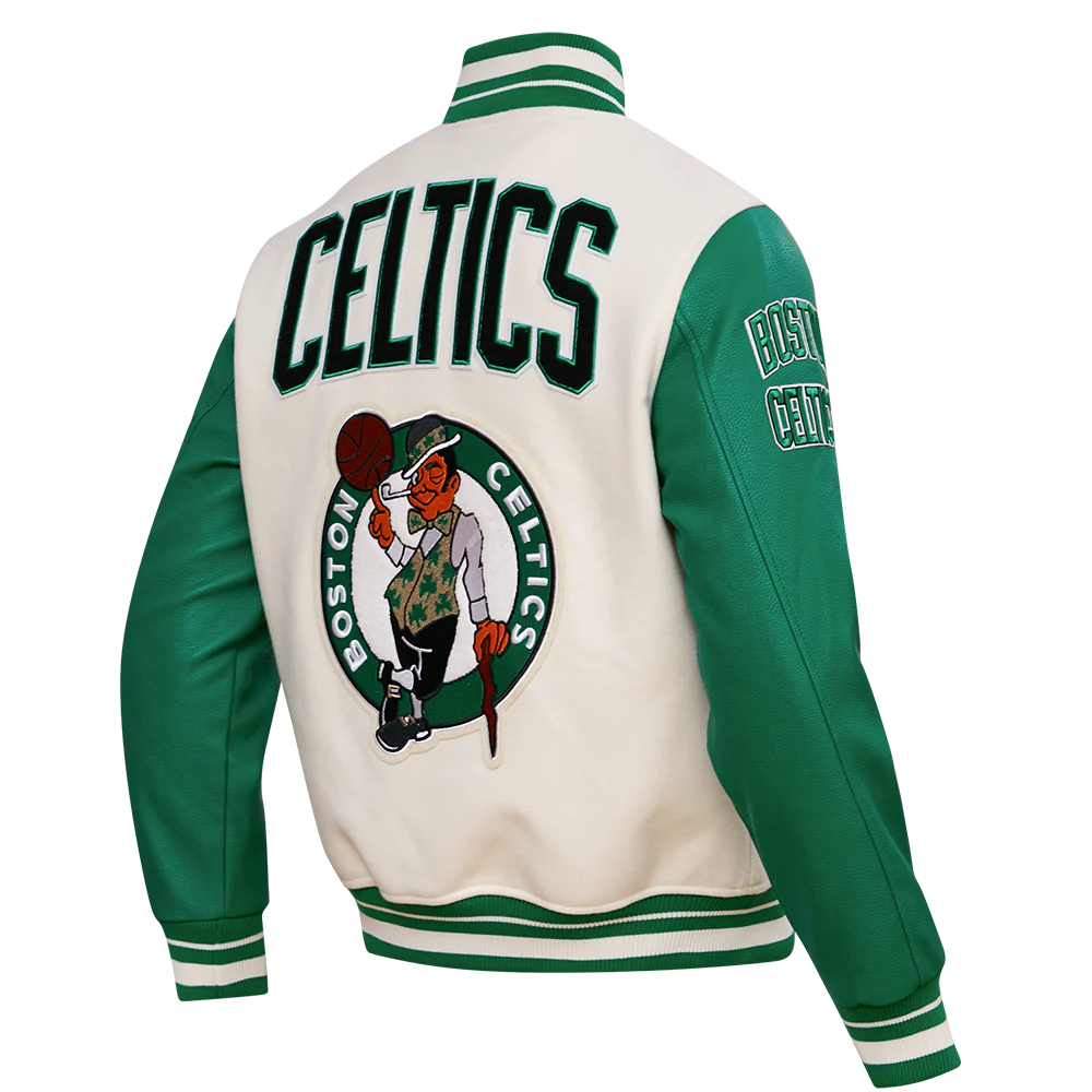 NBA BOSTON CELTICS RETRO CLASSIC MEN'S RIB WOOL VARSITY JACKET (EGGSHELL/KELLY GREEN) - Image 2