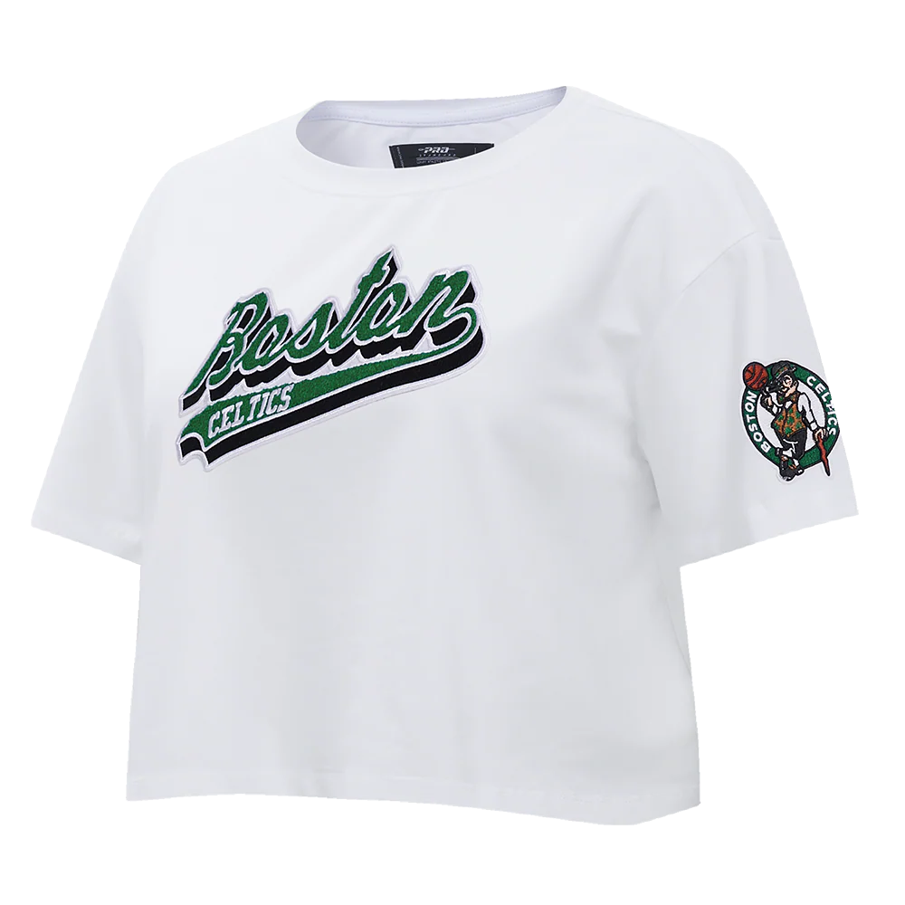 NBA BOSTON CELTICS SCRIPT TAIL WOMEN'S SINGLE JERSEY BOXY TEE (WHITE) - Image 2