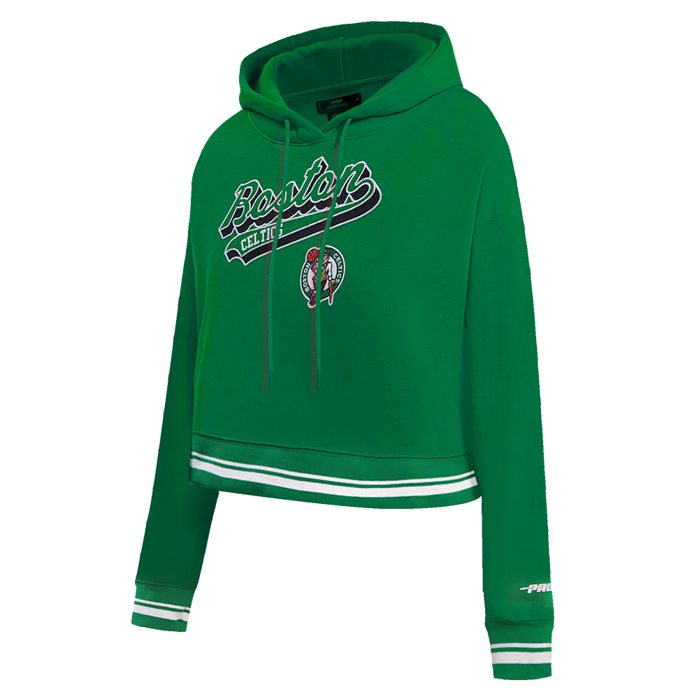 NBA BOSTON CELTICS SCRIPT TAIL WOMEN'S RIB FLEECE CROPPED PULLOVER HOODIE (KELLY GREEN) - Image 2