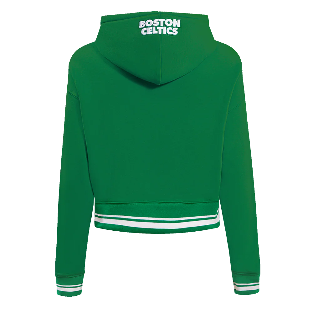 NBA BOSTON CELTICS SCRIPT TAIL WOMEN'S RIB FLEECE CROPPED PULLOVER HOODIE (KELLY GREEN) - Image 3