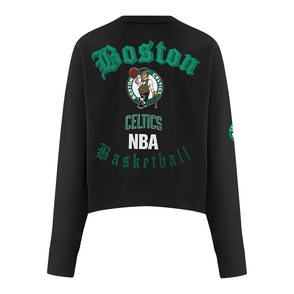 NBA BOSTON CELTICS OLD ENGLISH WOMEN'S FLC CREWNECK (BLACK) - Image 3
