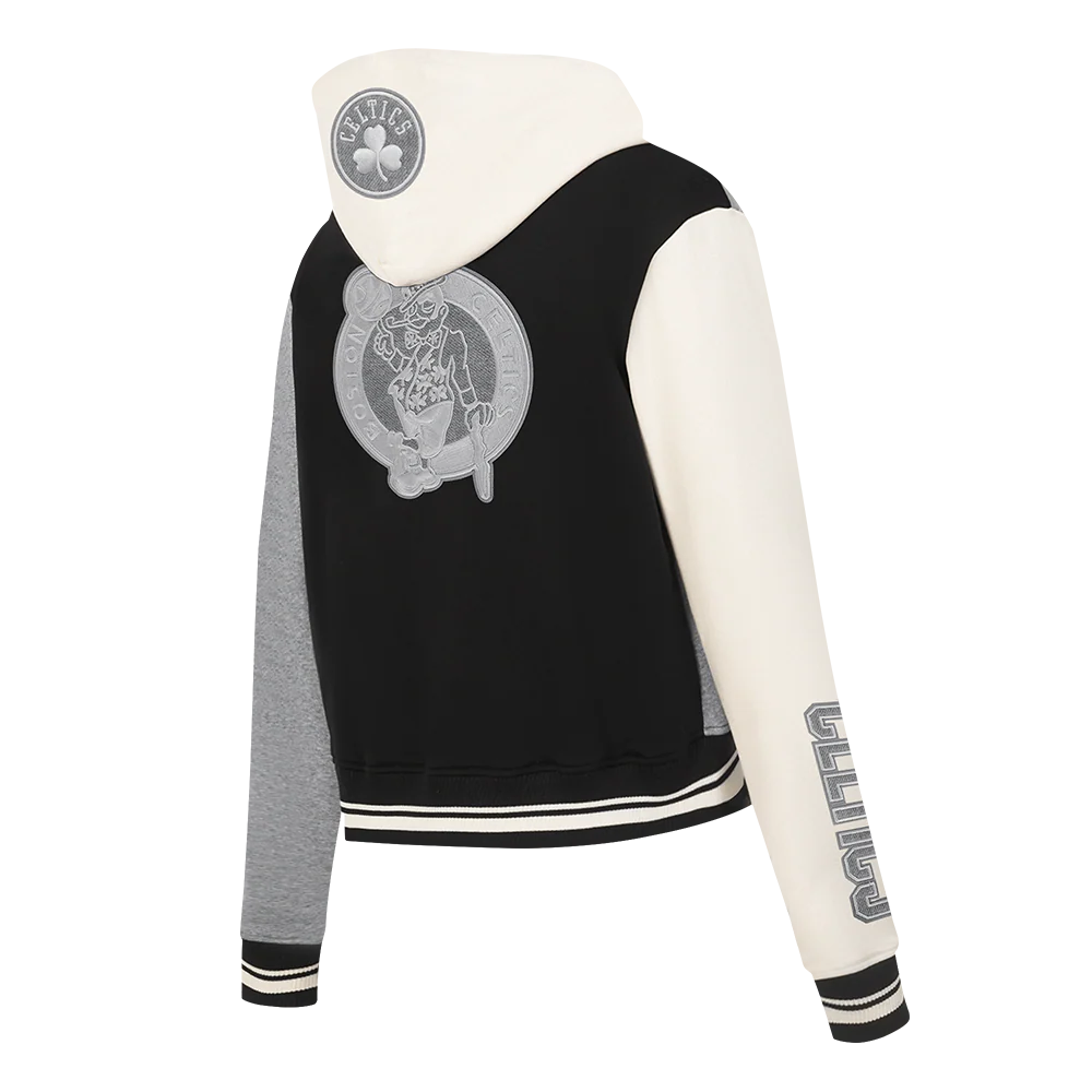 NBA BOSTON CELTICS REVERSE FRENCH TERRY WOMEN'S COLOR BLOCK FLEECE FULL ZIP HOOD (BLACK/GRAY/EGGSHELL) - Image 4