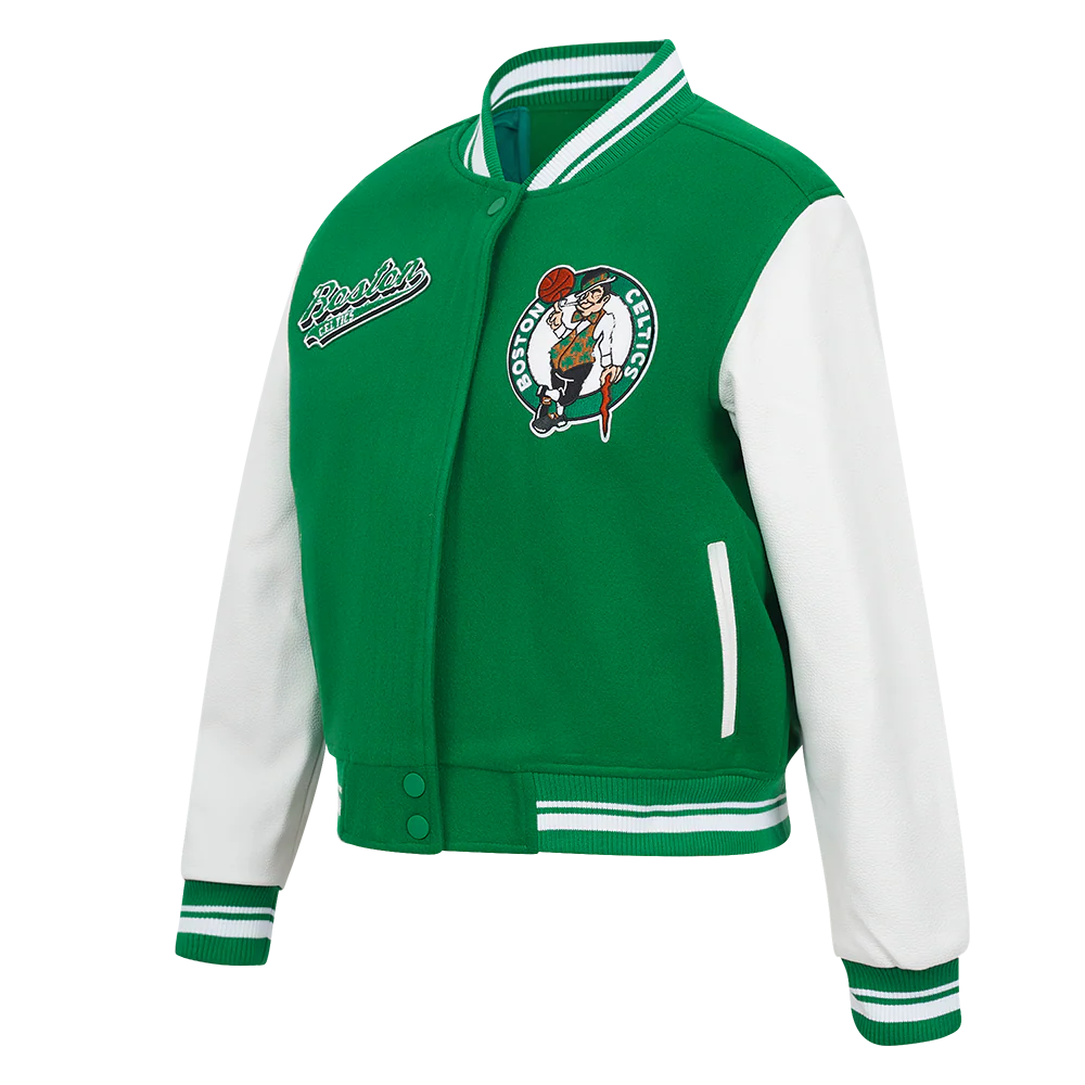 NBA BOSTON CELTICS SCRIPT TAIL WOMEN'S WOOL VARSITY JACKET (KELLY GREEN/ WHITE) - Image 2