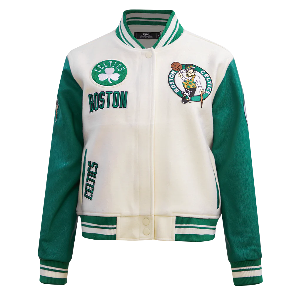 NBA BOSTON CELTICS RETRO CLASSIC WOMEN'S RIB WOOL VARSITY JACKET (EGGSHELL/ KELLY GREEN)