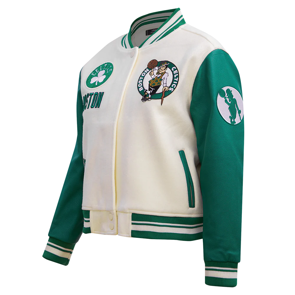 NBA BOSTON CELTICS RETRO CLASSIC WOMEN'S RIB WOOL VARSITY JACKET (EGGSHELL/ KELLY GREEN) - Image 2