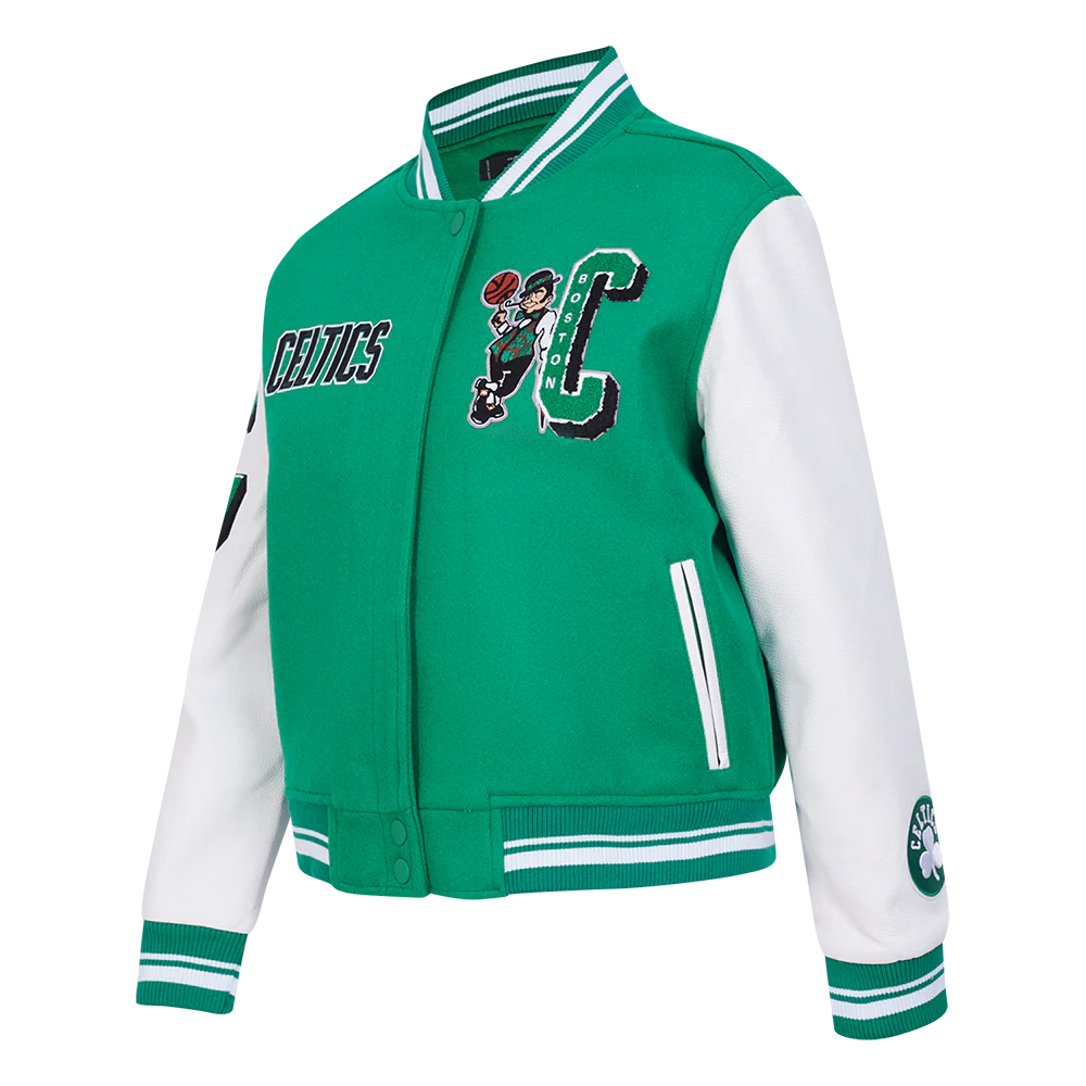NBA BOSTON CELTICS MASHUP WOMEN'S RIB WOOL VARSITY JACKET (KELLY GREEN/ WHITE) - Image 2