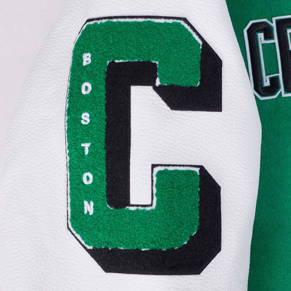 NBA BOSTON CELTICS MASHUP WOMEN'S RIB WOOL VARSITY JACKET (KELLY GREEN/ WHITE) - Image 7