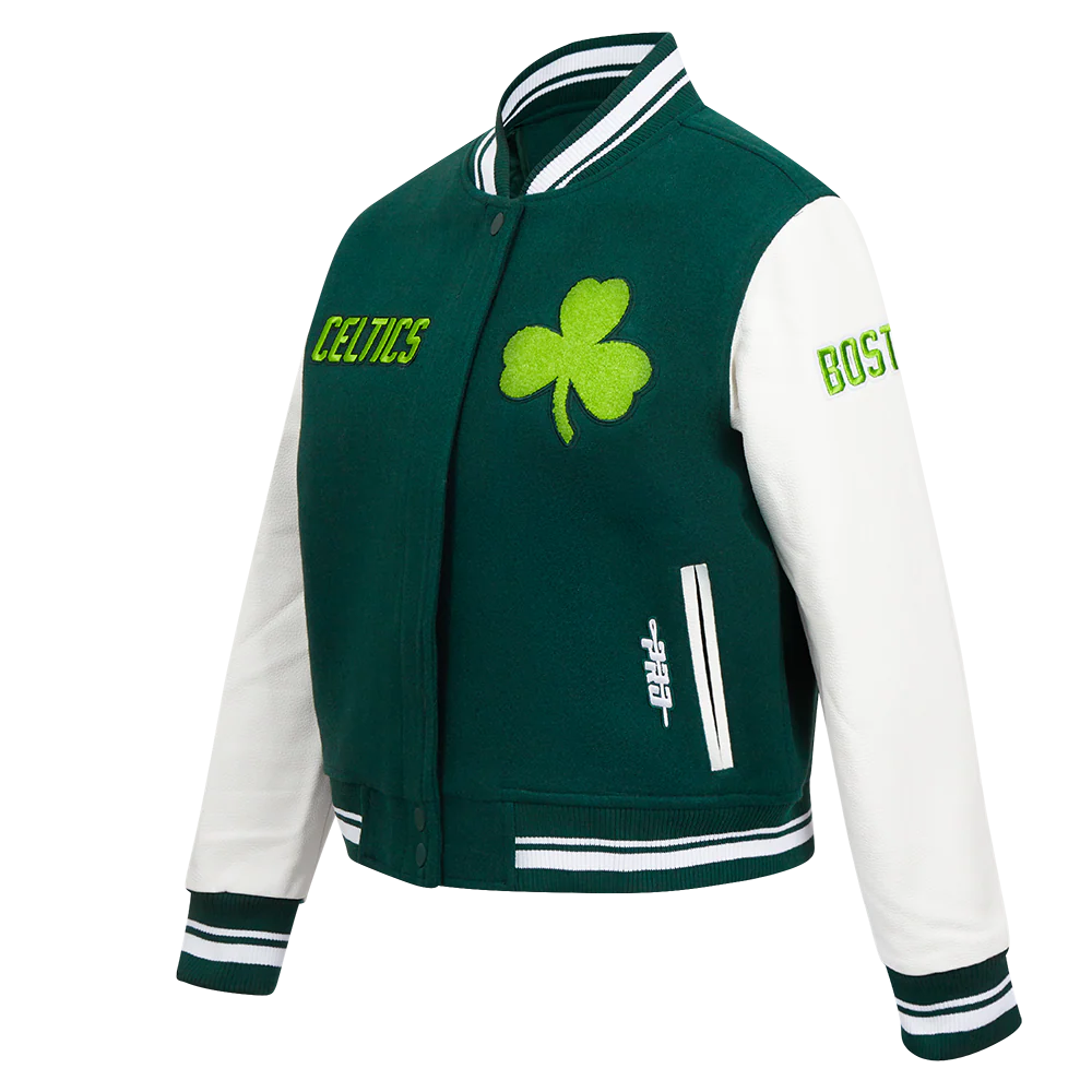 NBA BOSTON CELTICS CITY EDITION 24-25 WOMEN'S RIB WOOL VARSITY JACKET (FOREST GREEN/WHITE) - Image 2