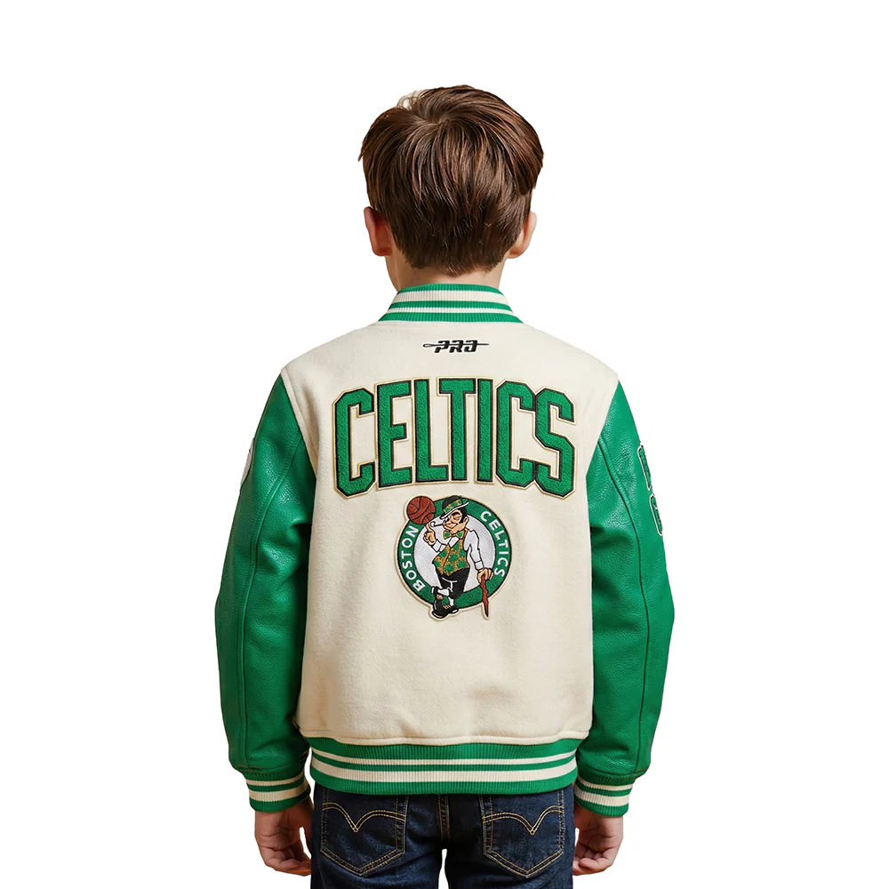 NBA BOSTON CELTICS RETRO CLASSIC LITTLE BOYS RIB WOOL VARSITY JACKET (EGGSHELL/ KELLY GREEN) - Image 2