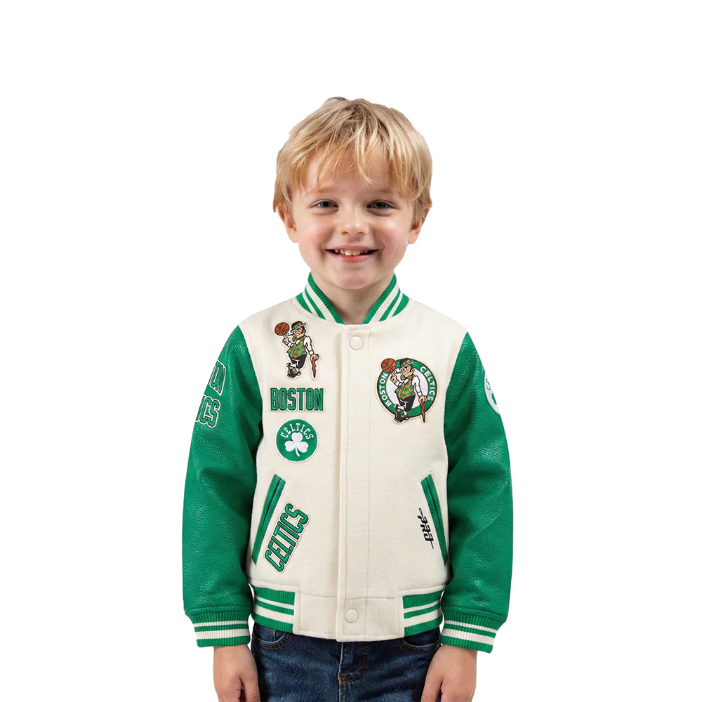 NBA BOSTON CELTICS RETRO CLASSIC TODDLER BOYS RIB WOOL VARSITY JACKET (EGGSHELL/ KELLY GREEN)
