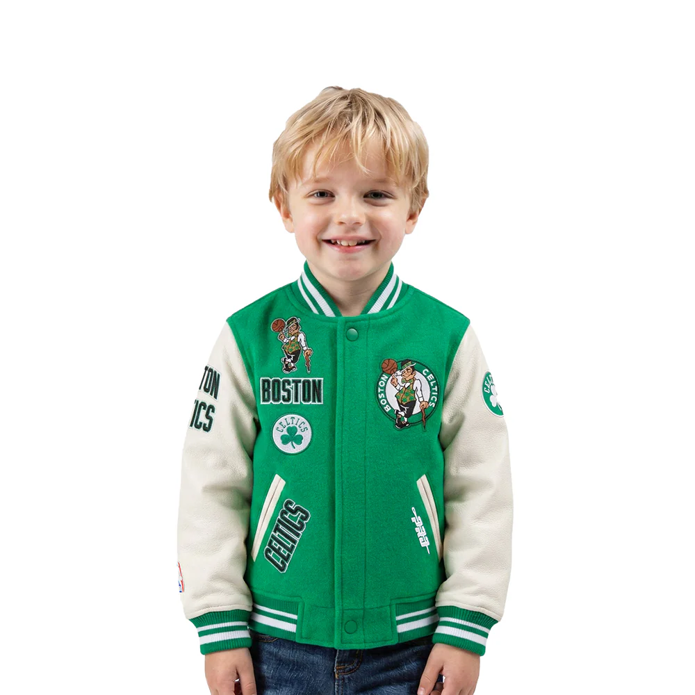 NBA BOSTON CELTICS RETRO CLASSIC TODDLER BOYS RIB WOOL VARSITY JACKET (KELLY GREEN/ WHITE)