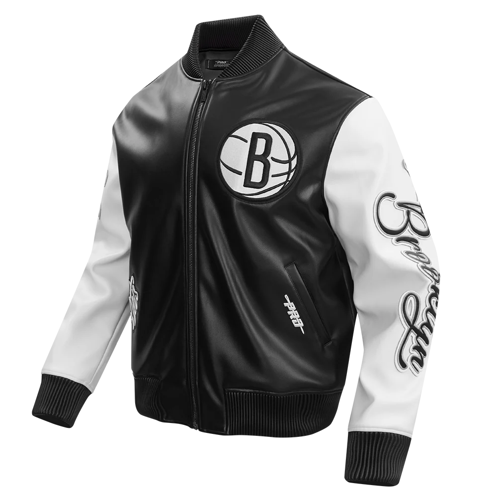 NBA BROOKLYN NETS CITY SIGNATURE MEN'S LEATHER VARSITY JACKET (BLACK/WHITE) - Image 2