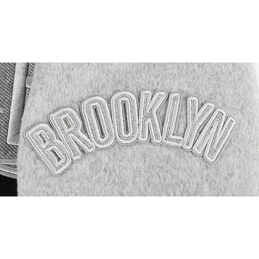 NBA BROOKLYN NETS REVERSE FRENCH TERRY MEN'S COLOR BLOCK WOOL VARSITY JACKET (BLACK/GRAY/EGGSHELL) - Image 8