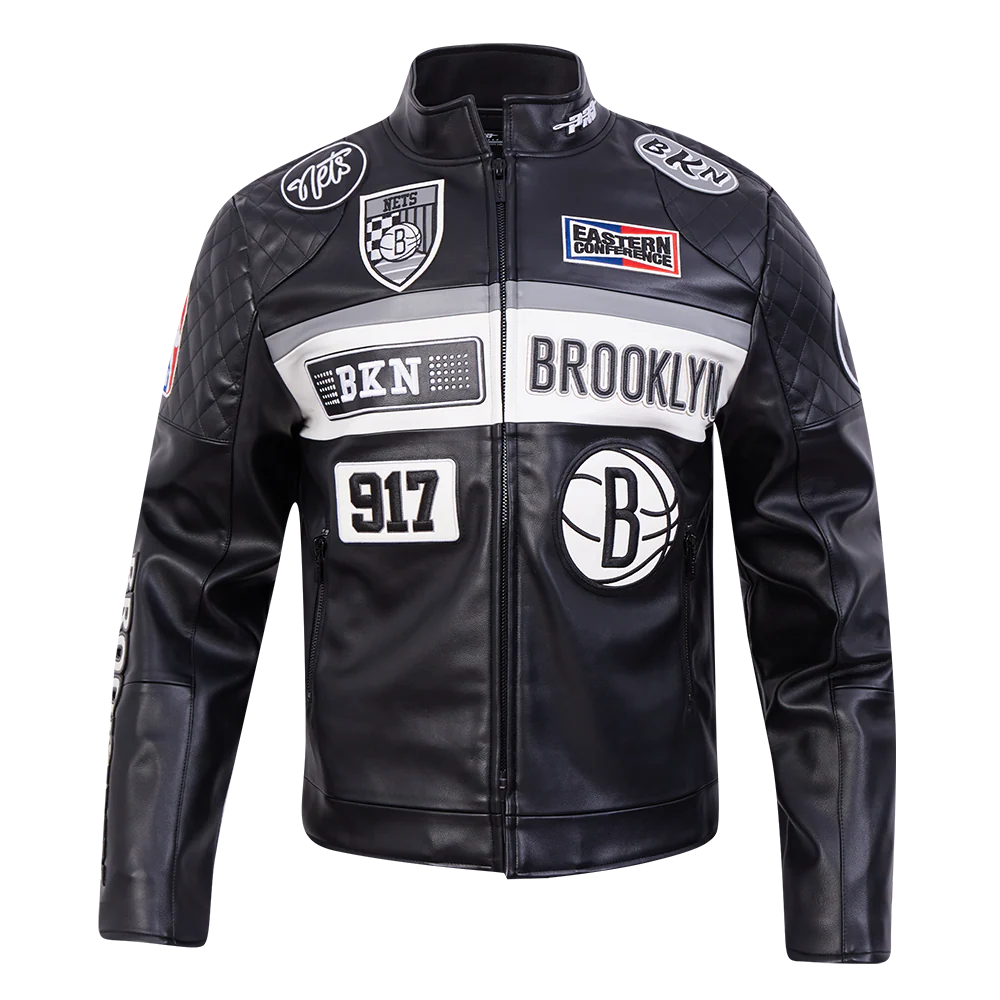 NBA BROOKLYN NETS MEN'S MOTO JACKET (BLACK/WHITE)