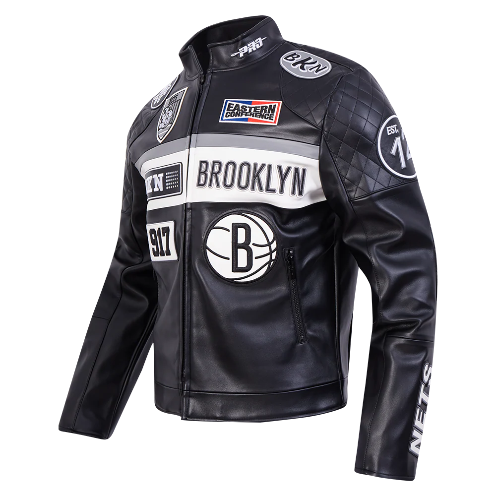 NBA BROOKLYN NETS MEN'S MOTO JACKET (BLACK/WHITE) - Image 2