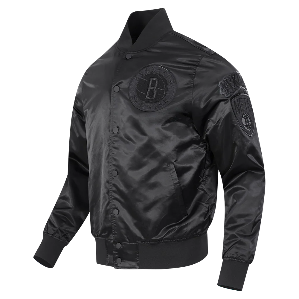 NBA BROOKLYN NETS TRIPLE BLACK MEN'S SATIN JACKET (BLACK) - Image 2