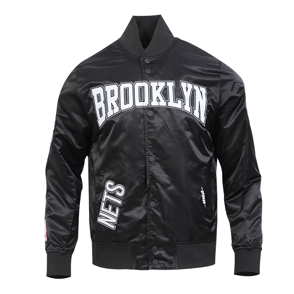 NBA BROOKLYN NETS CREST EMBLEM MEN'S SATIN JACKET (BLACK)
