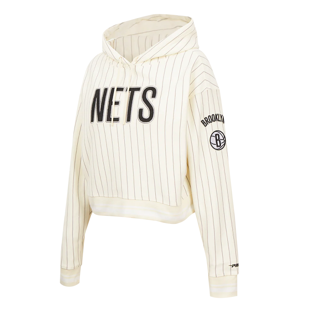 NBA BROOKLYN NETS PINSTRIPE RETRO CLASSIC WOMEN'S RIB FLC CROPPED PO HOO (EGGSHELL/ GREY) - Image 2
