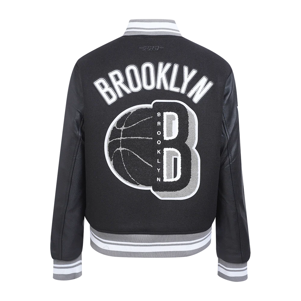 NBA BROOKLYN NETS MASHUP WOMEN'S RIB WOOL VARSITY JACKET (BLACK/GRAY) - Image 3