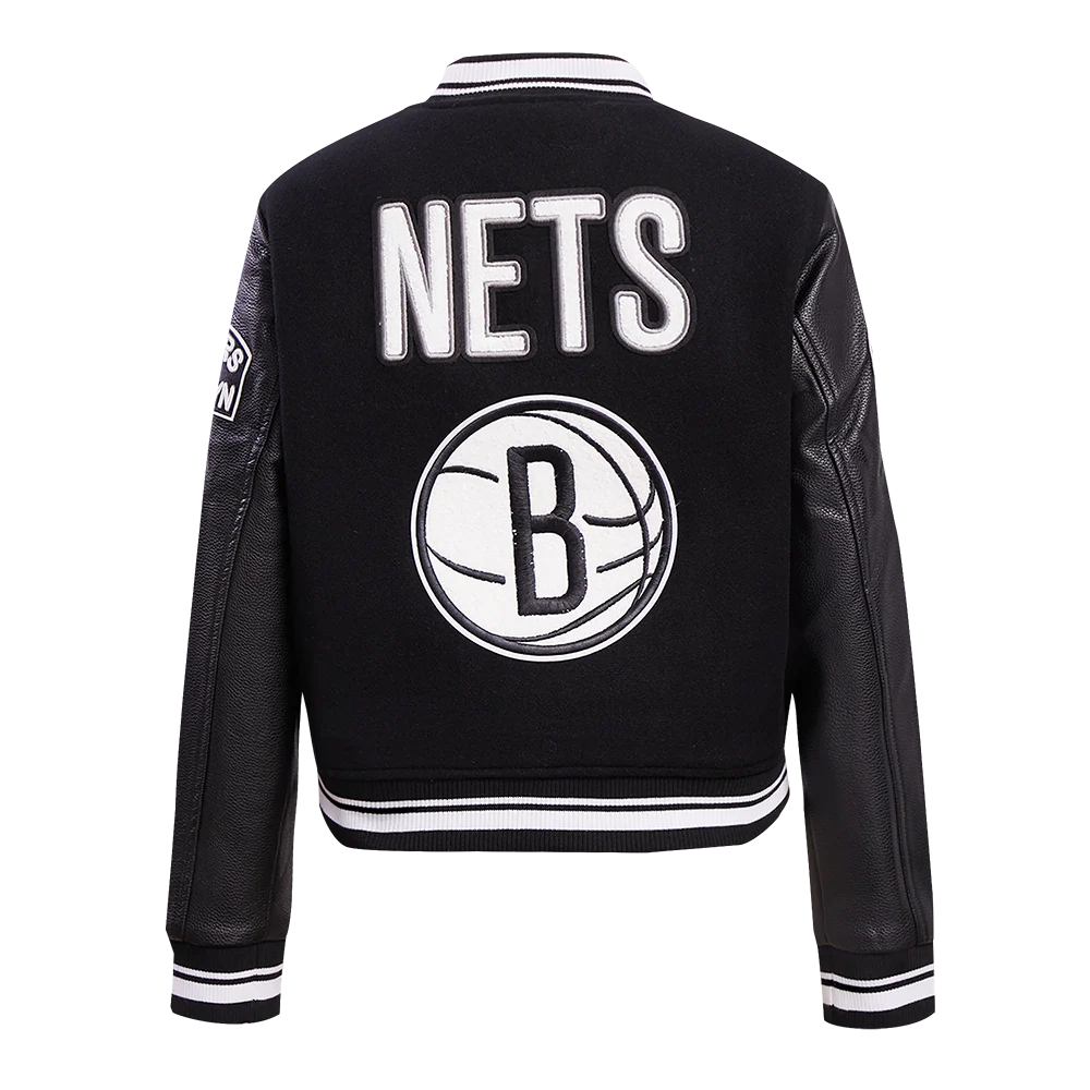 NBA BROOKLYN NETS RETRO CLASSIC WOMEN'S RIB WOOL VARSITY JACKET (BLACK) - Image 3