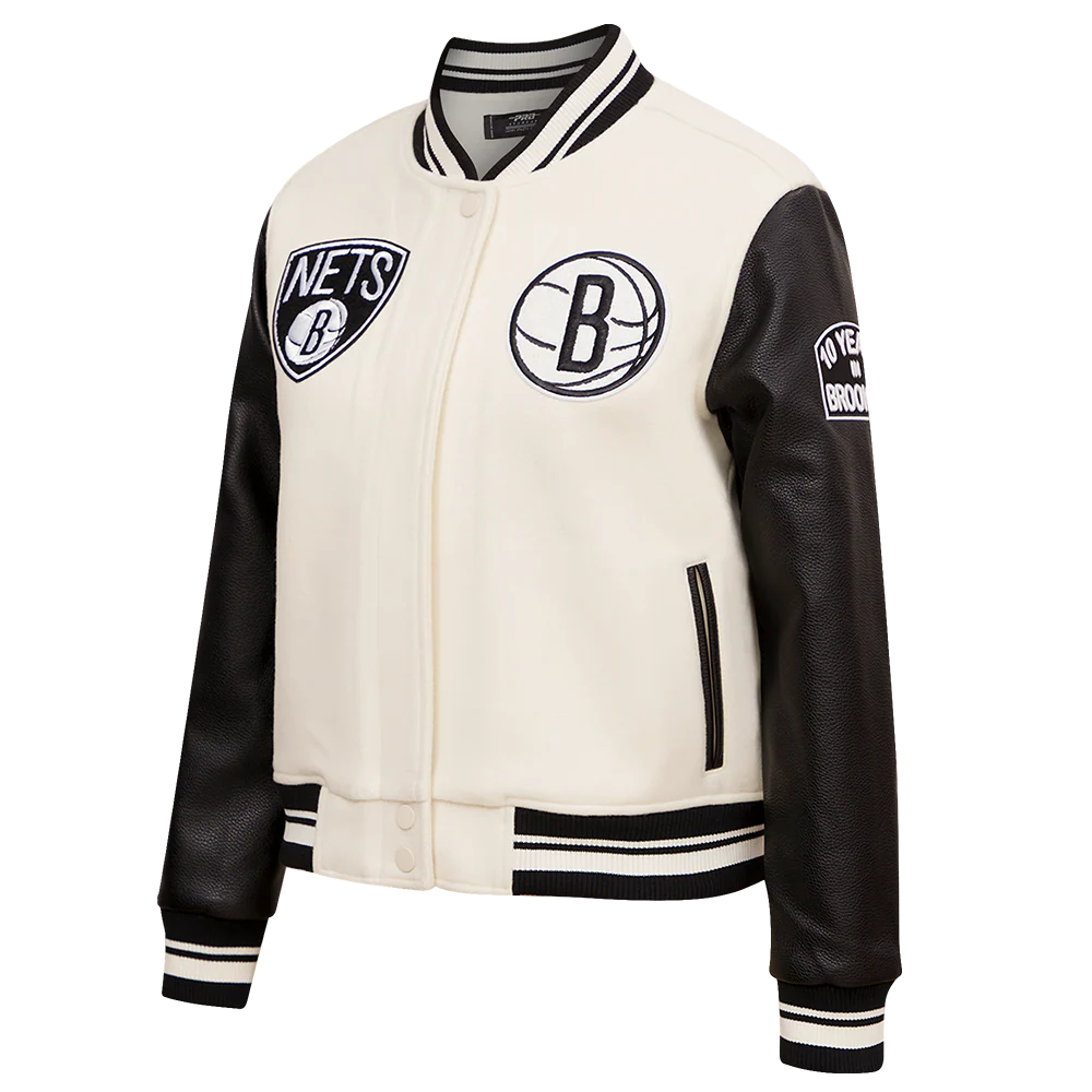 NBA BROOKLYN NETS RETRO CLASSIC WOMEN'S RIB WOOL VARSITY JACKET (EGGSHELL/ BLACK) - Image 4