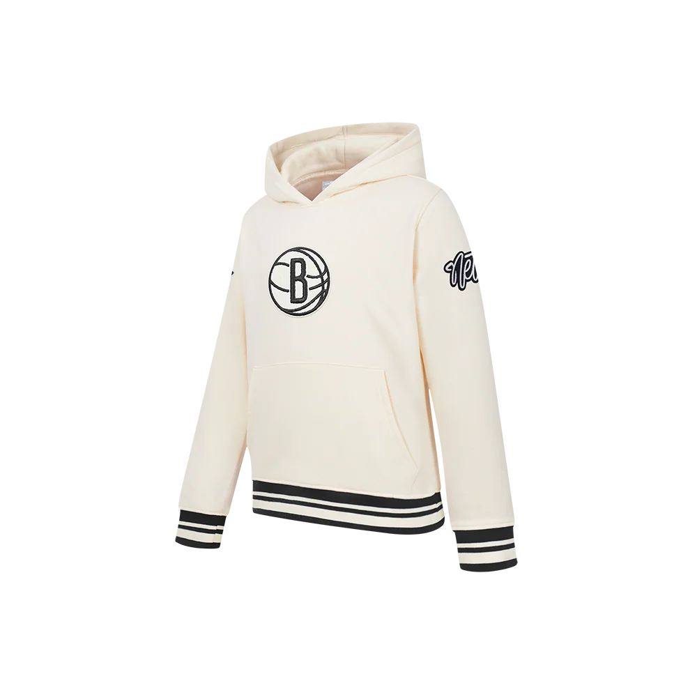 NBA BROOKLYN NETS RETRO CLASSIC LITTLE BOYS RIB FLEECE PULLOVER HOODIE (EGGSHELL/ BLACK) - Image 2