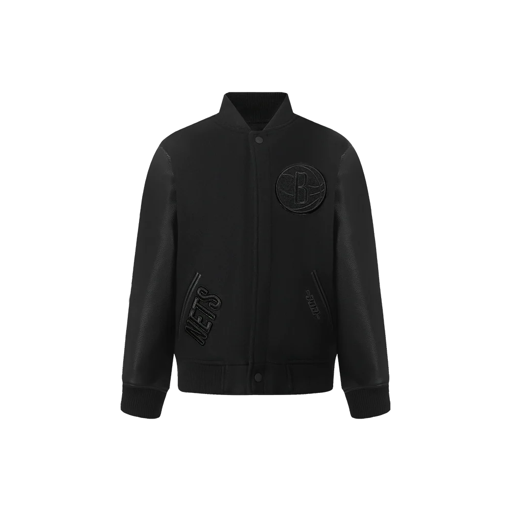 NBA BROOKLYN NETS TRIPLE BLACK LITTLE BOYS WOOL VARSITY JACKET (JET BLACK)