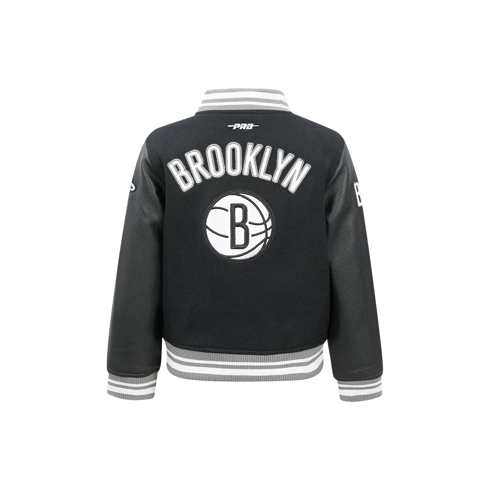 NBA BROOKLYN NETS RETRO CLASSIC LITTLE BOYS RIB WOOL VARSITY JACKET (BLACK/GRAY) - Image 3