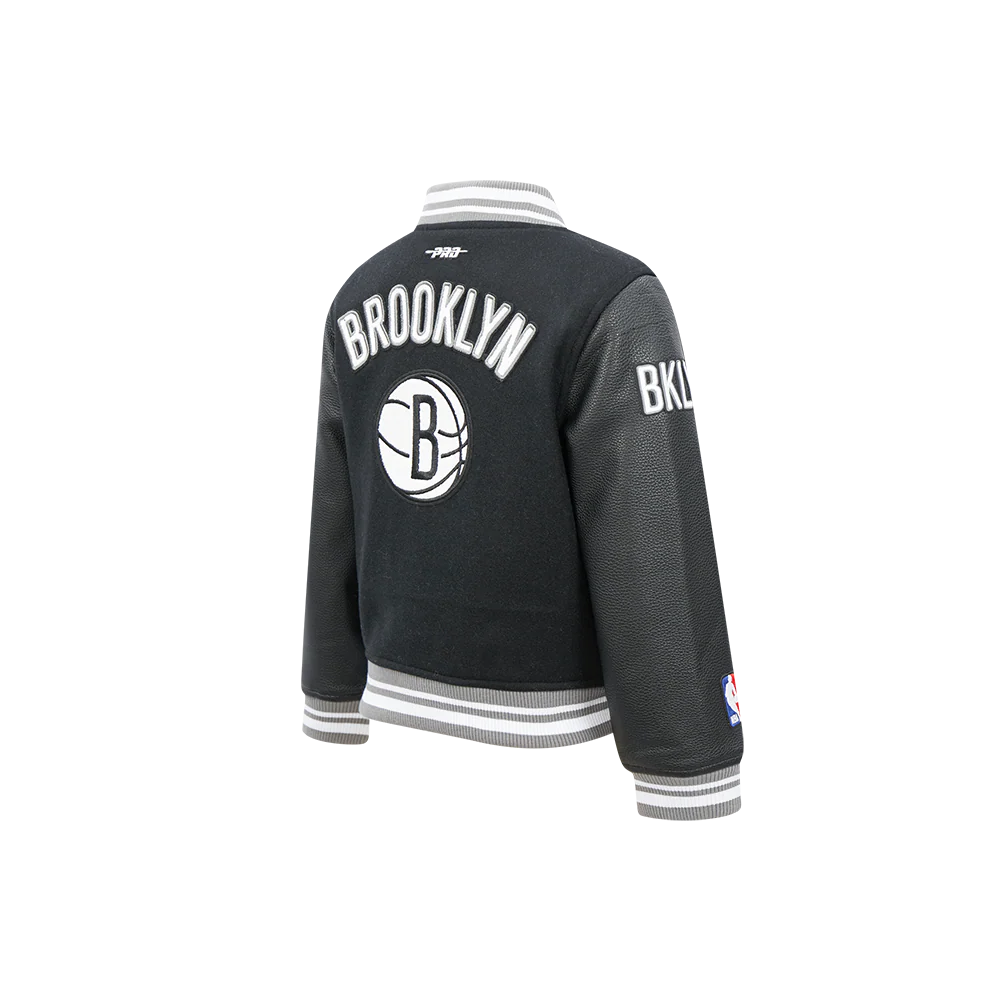 NBA BROOKLYN NETS RETRO CLASSIC LITTLE BOYS RIB WOOL VARSITY JACKET (BLACK/GRAY) - Image 4