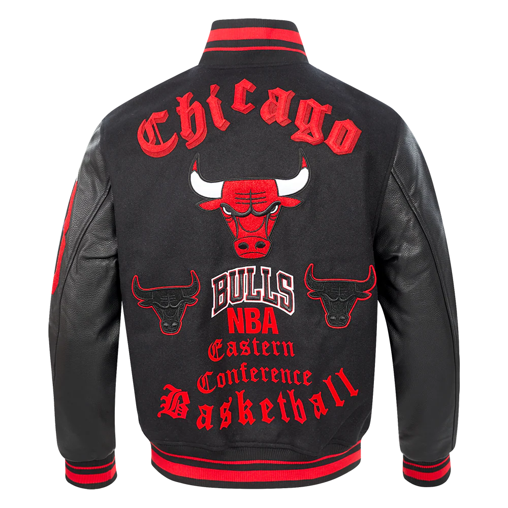 NBA CHICAGO BULLS OLD ENGLISH MEN'S RIB WOOL VARSITY JACKET (BLACK/RED/BLACK) - Image 4