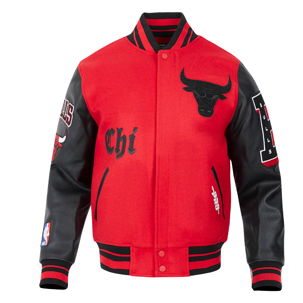 NBA CHICAGO BULLS OLD ENGLISH MEN'S RIB WOOL VARSITY JACKET (RED/BLACK)