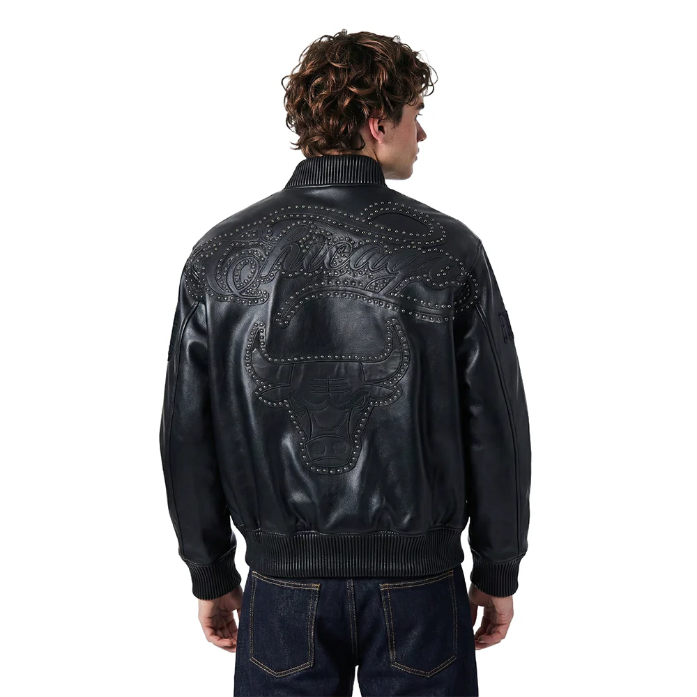 NBA CHICAGO BULLS BLACKOUT MEN'S LEATHER VARSITY JACKET (JET BLACK)
