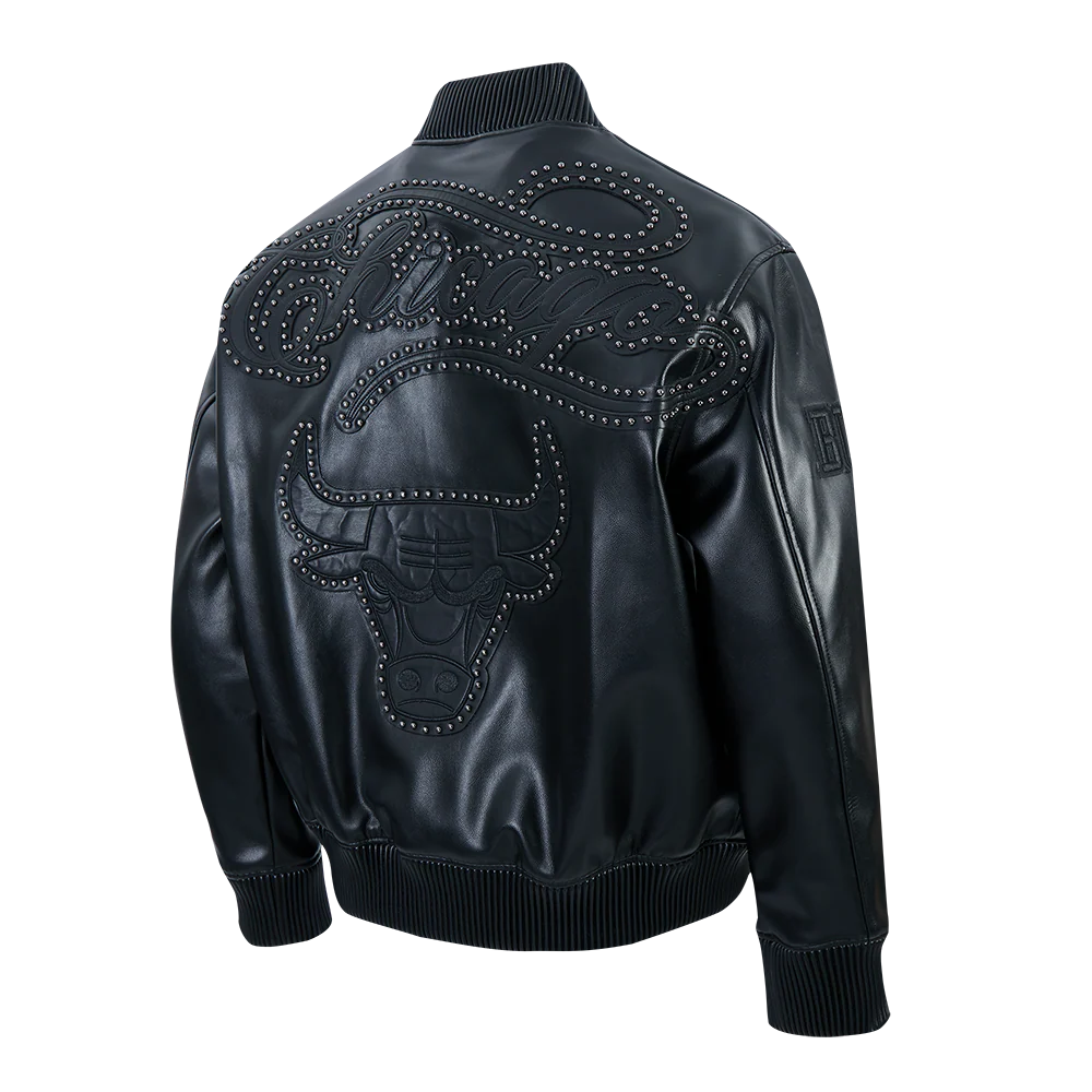 NBA CHICAGO BULLS BLACKOUT MEN'S LEATHER VARSITY JACKET (JET BLACK) - Image 4