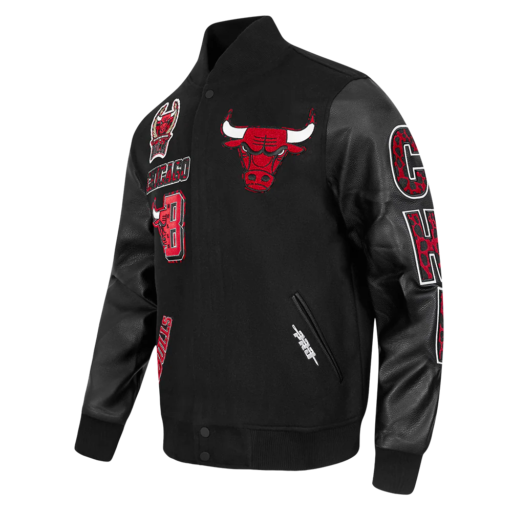 NBA CHICAGO BULLS ANIMAL PRINT MEN'S WOOL VARSITY JACKET (JET BLACK) - Image 2