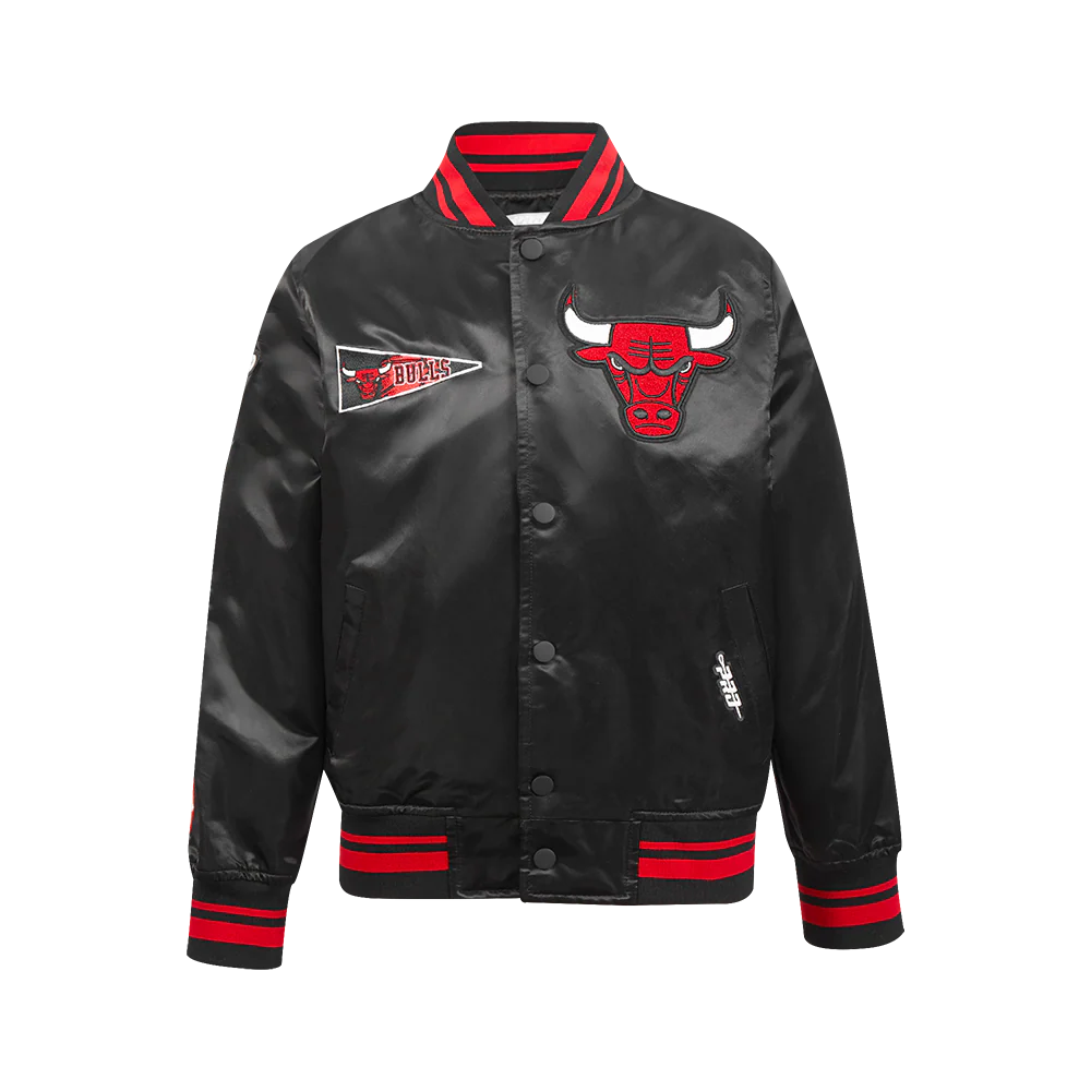 NBA CHICAGO BULLS RETRO CLASSIC BIG BOYS RIB SATIN JACKET (BLACK/RED/BLACK)