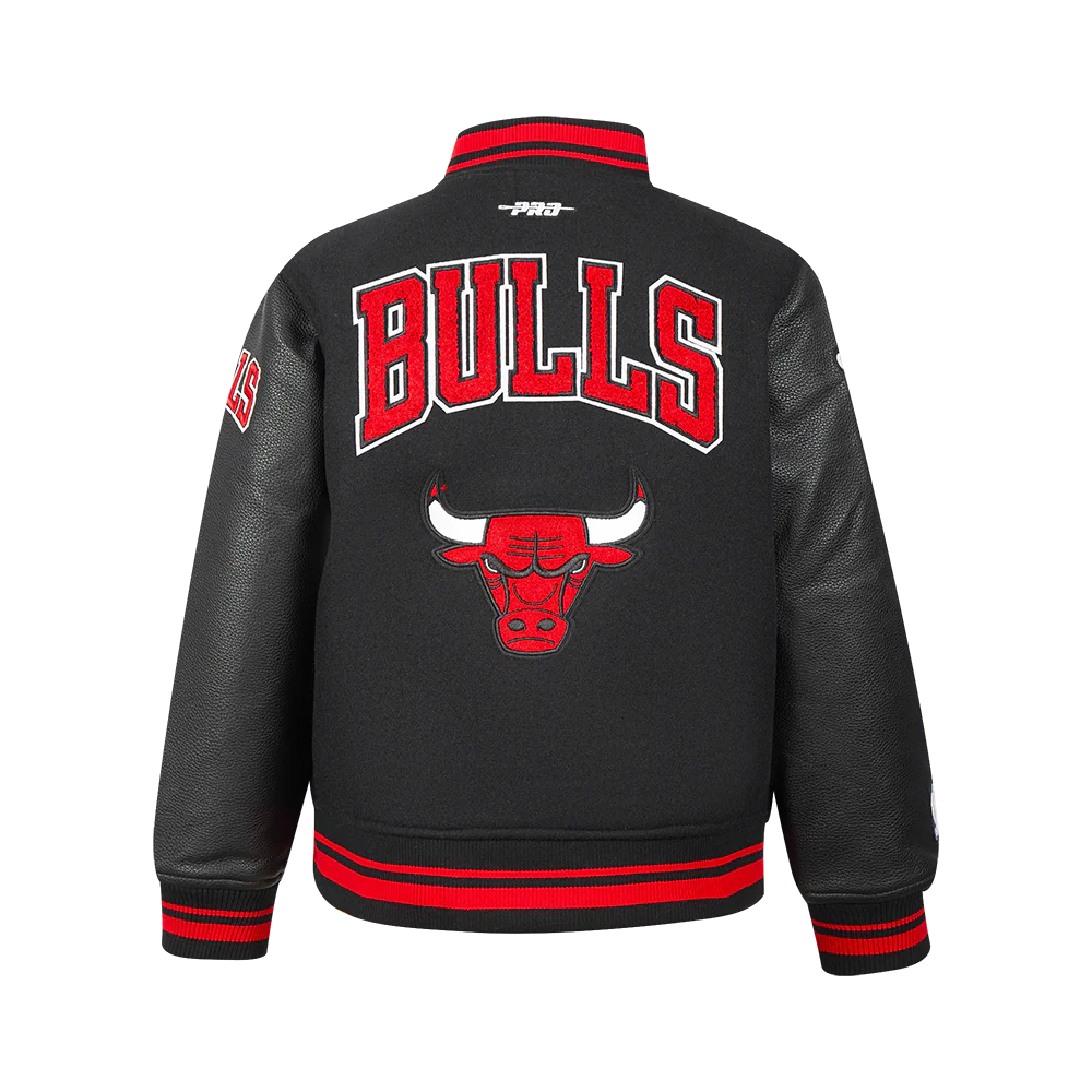 NBA CHICAGO BULLS RETRO CLASSIC BIG BOYS RIB WOOL VARSITY JACKET (BLACK/RED/BLACK) - Image 2