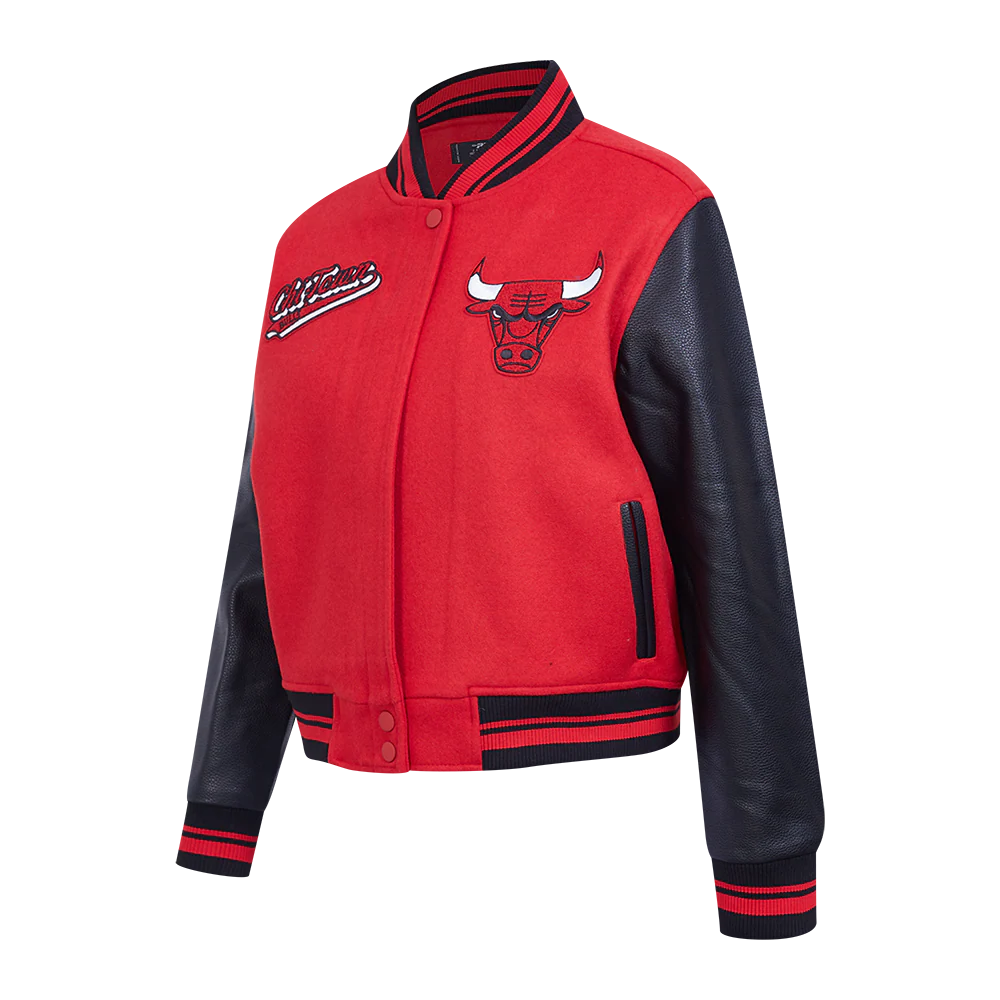 NBA CHICAGO BULLS SCRIPT TAIL WOMEN'S RIB WOOL VARSITY JACKET (RED/BLACK) - Image 6