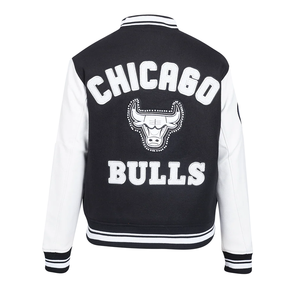 NBA CHICAGO BULLS PEARLS WOMEN'S RIB WOOL VARSITY JACKET (BLACK/WHITE) - Image 13