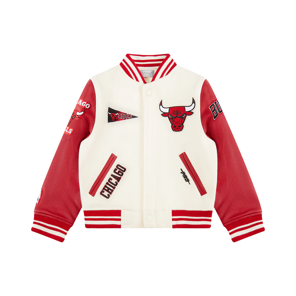 NBA CHICAGO BULLS RETRO CLASSIC LITTLE BOYS RIB WOOL VARSITY JACKET (EGGSHELL/ RED) - Image 3