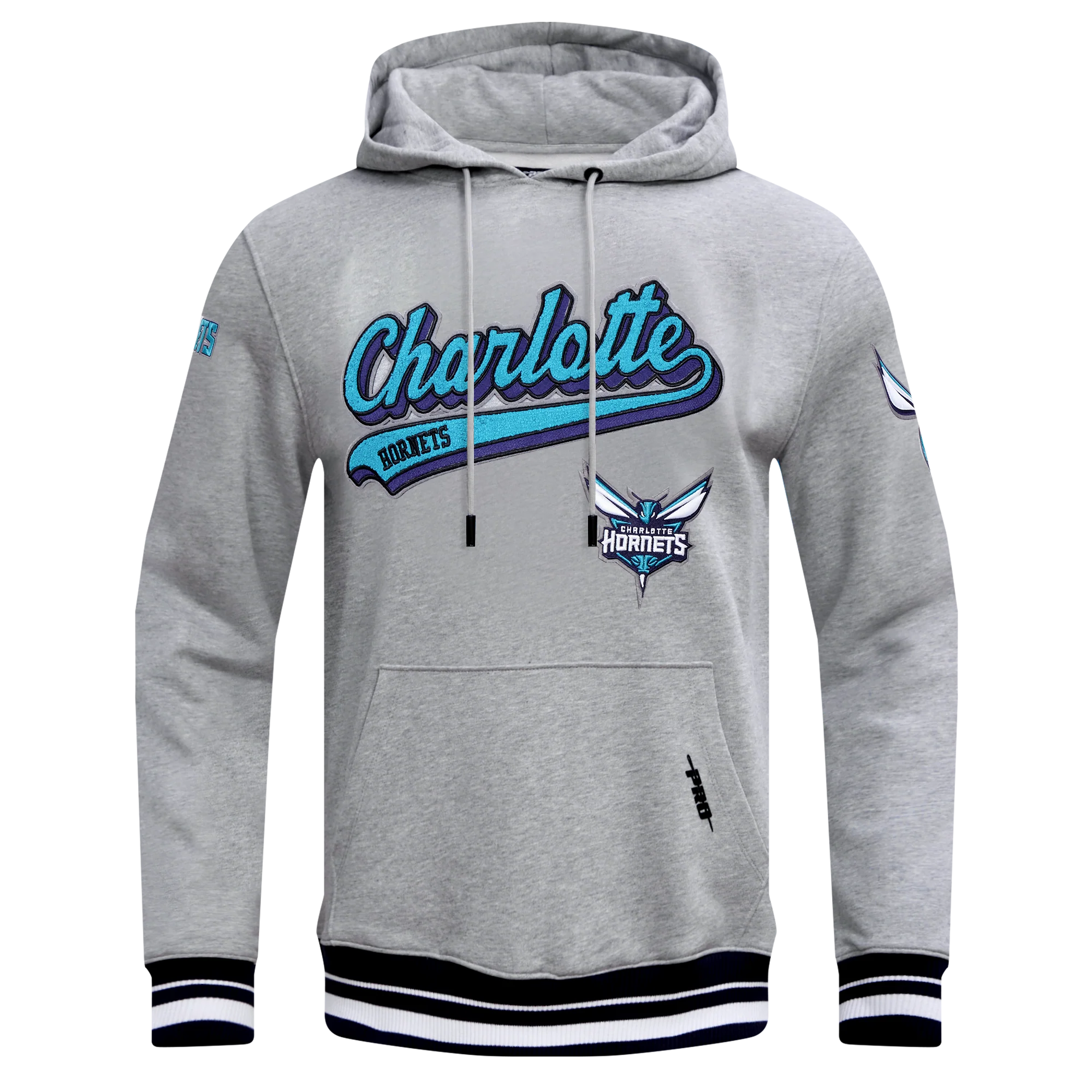 NBA CHARLOTTE HORNETS SCRIPT TAIL MEN'S RIB FLEECE PULLOVER HOODIE (HEATHER GRAY/BLACK) - Image 9